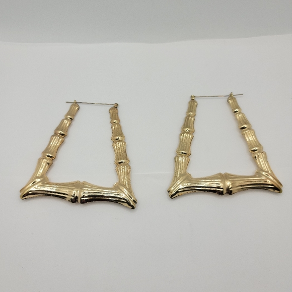 Gold Tone  Metal Bamboo Textured Large Pierced Earrings Vintage - Picture 2 of 4